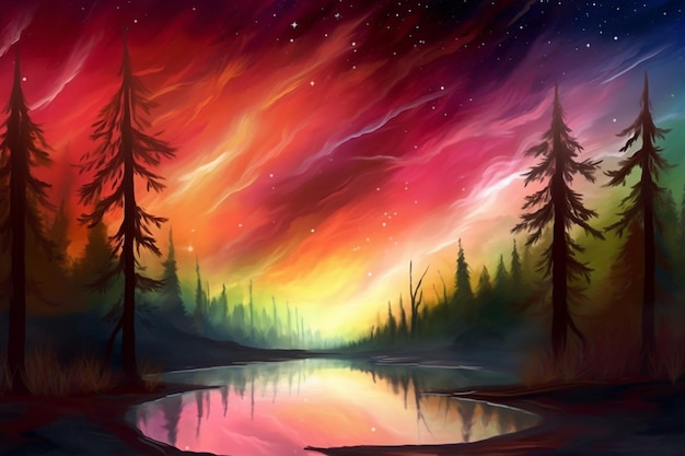 A painting of a forest with a sunset in the background.