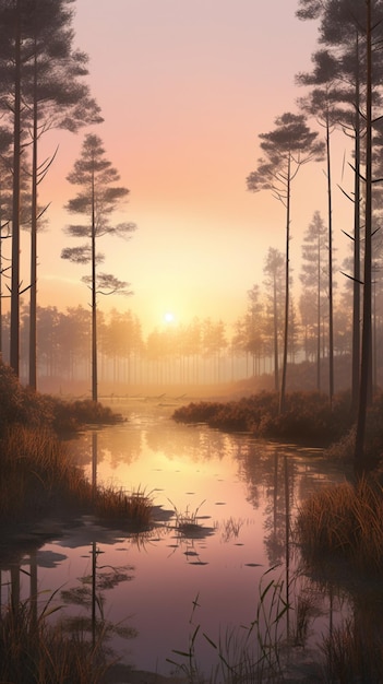 A painting of a forest with a sunset in the background.