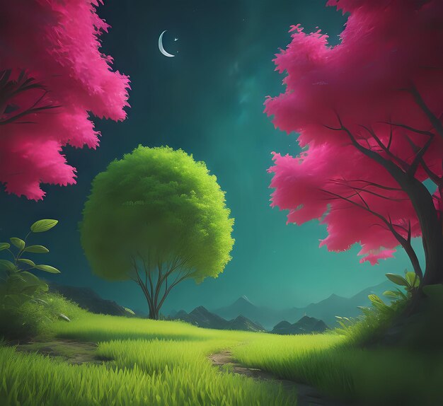 a painting of a forest with a tree and a moon in the background