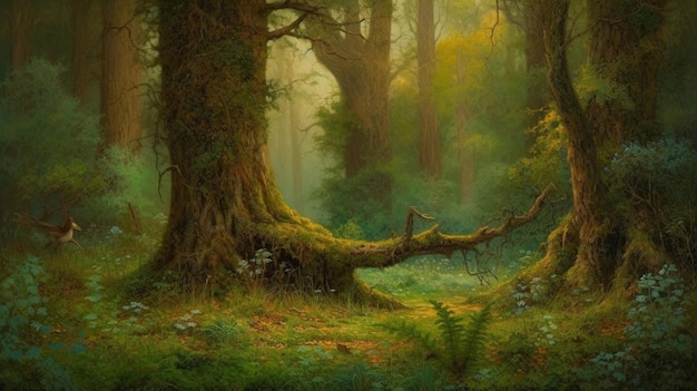 A painting of a forest with a tree trunk and a mossy tree trunk.