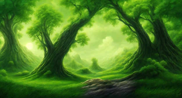 A painting of a forest with a tree