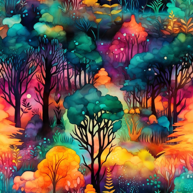 Photo a painting of a forest with trees and bushes in the background generative ai