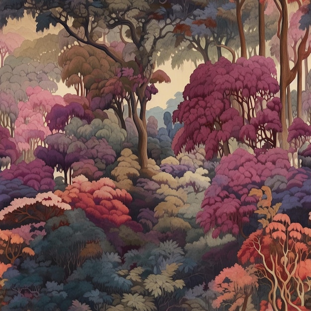 painting of a forest with trees and bushes in a painting style generative ai