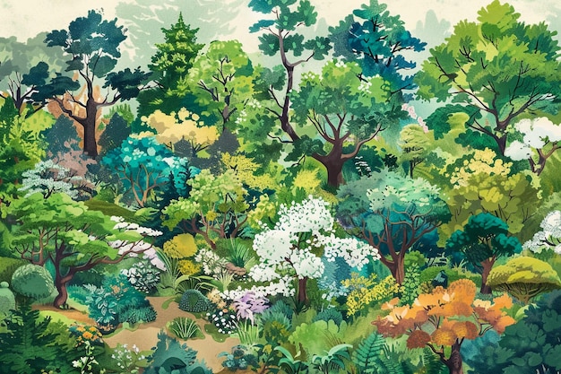 a painting of a forest with trees and flowers