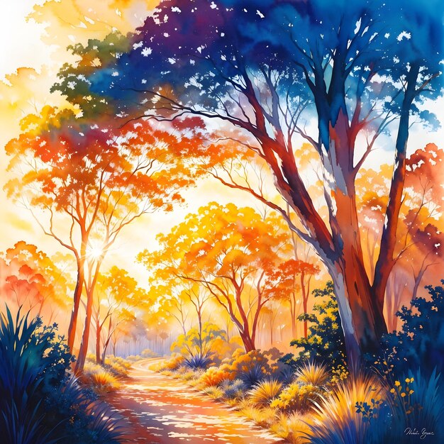 Foto un dipinto di una foresta con alberi e un sentiero.