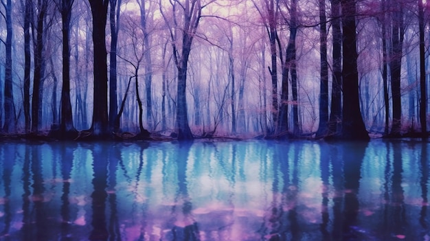 A painting of a forest with trees in the water and the sky is blue and purple.