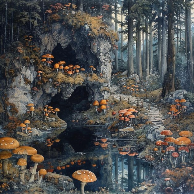 painting of a forest with a waterfall and a lot of mushrooms generative ai