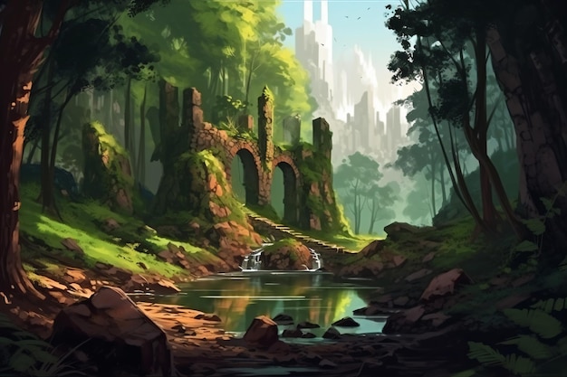 a painting of a forest with a waterfall