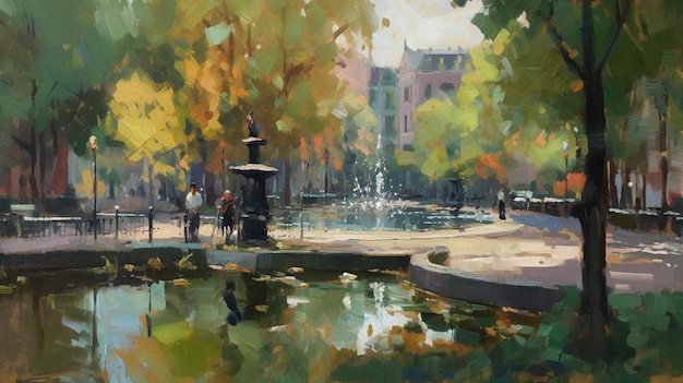 A painting of a fountain in the park