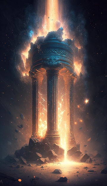 A painting of a fountain that has a burning fire on it.