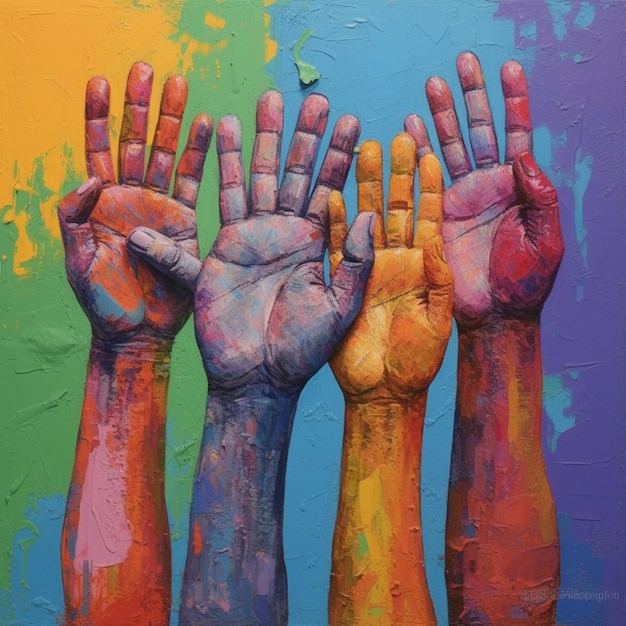 Painting of four hands with different colors of paint on them generative ai