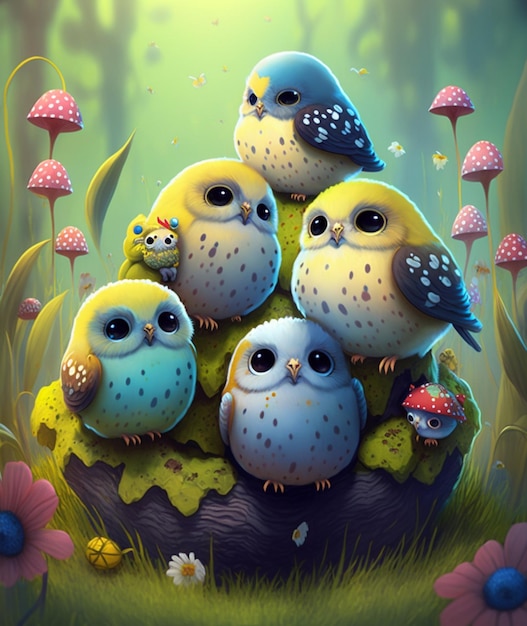 A painting of four owls with a mushroom mushroom on the top.