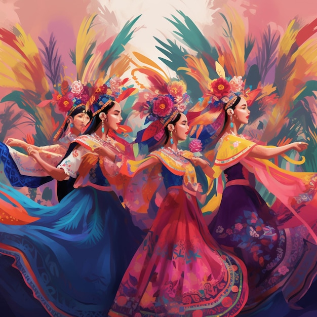A painting of four women dancing in colorful dresses with a large number of feathers on the bottom.