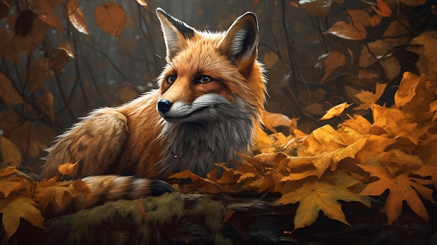 A painting of a fox in autumn leaves