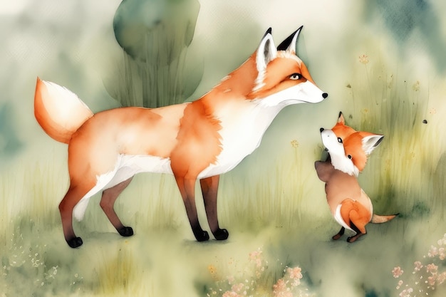 A painting of a fox and a baby fox