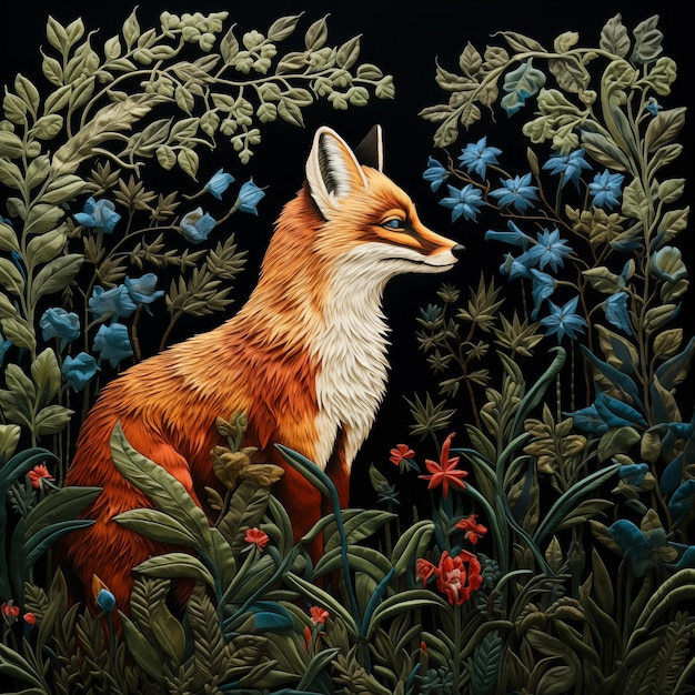 painting of a fox in a field of flowers and plants generative ai