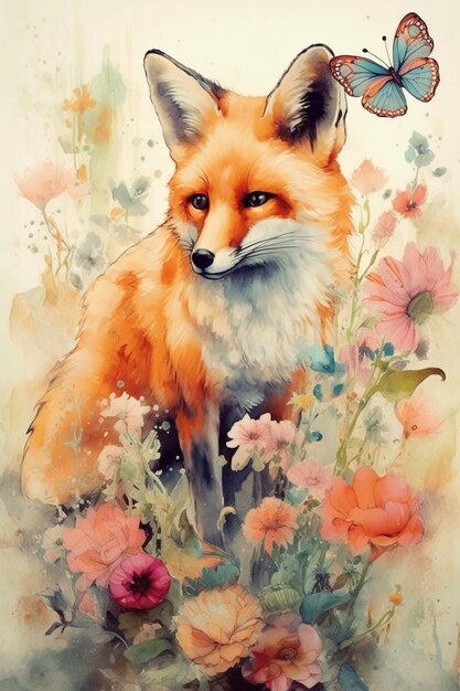 painting of a fox in a field of flowers with a butterfly generative ai