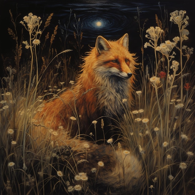 배경에 보름달이 있는 꽃 ⁇ 에 있는 여우의 그림