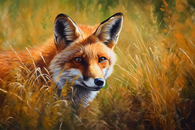 A painting of a fox in a field of grass