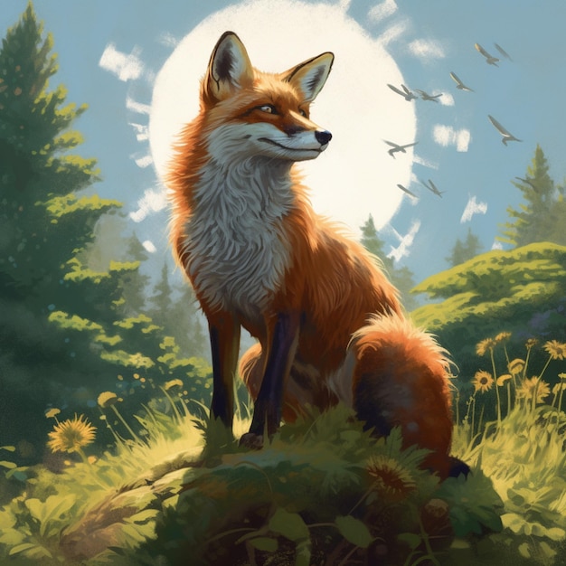 A painting of a fox in a field with a blue sky and birds flying in the background.