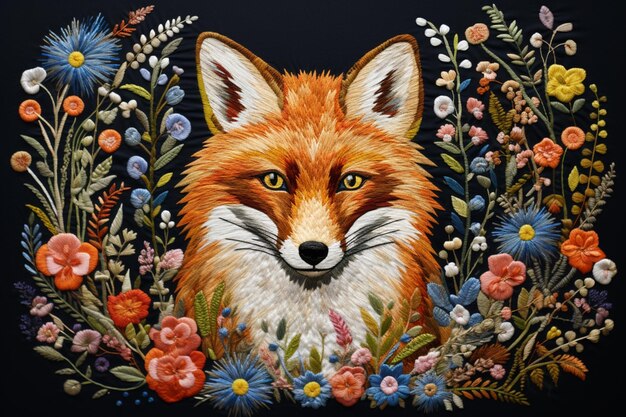 Painting of a fox in a floral frame with flowers and leaves generative ai