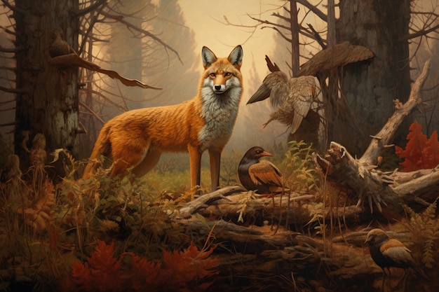 painting of a fox in a forest with a bird in its mouth generative ai