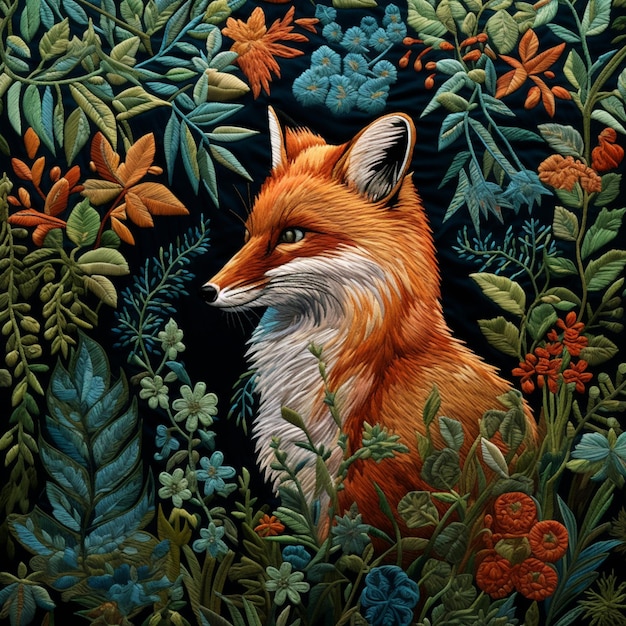 painting of a fox in a garden of flowers and plants generative ai