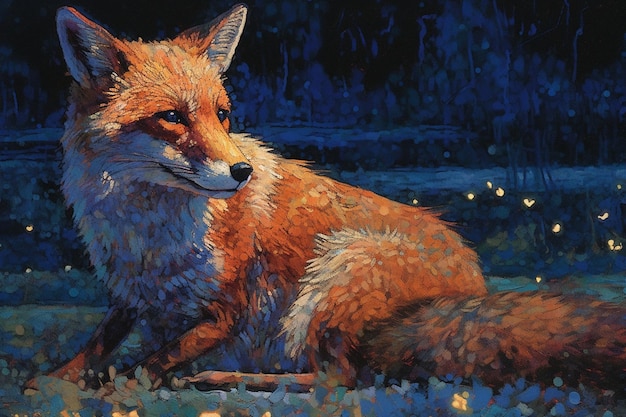 A painting of a fox laying in the grass.