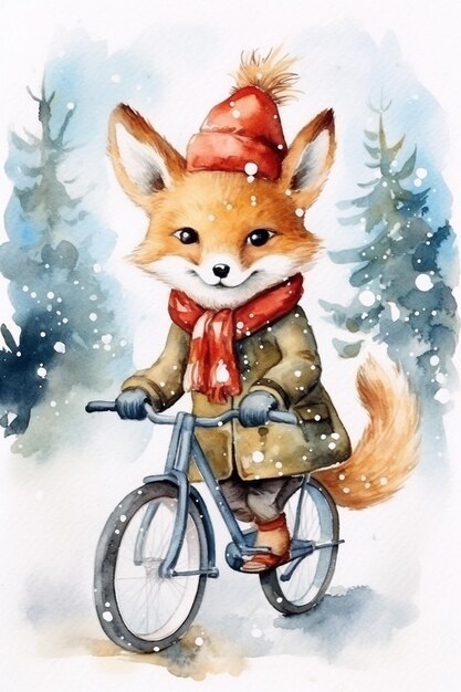 painting of a fox riding a bicycle in the snow generative ai