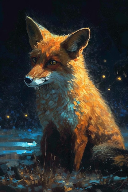 A painting of a fox sitting in the dark