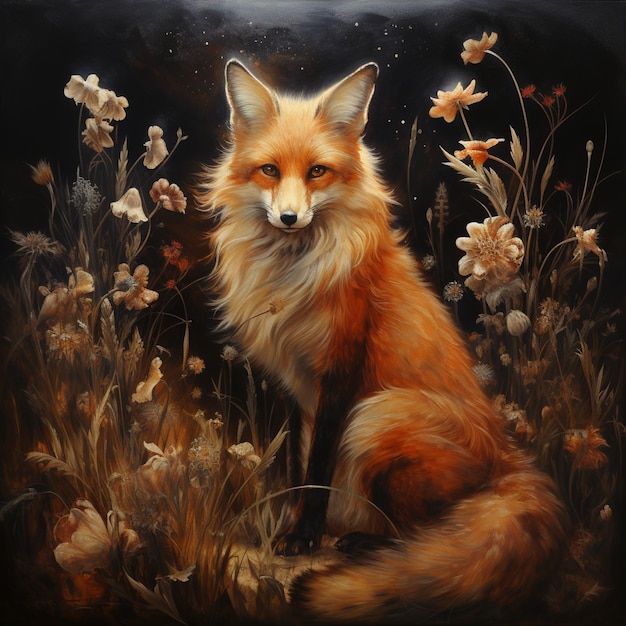 painting of a fox sitting in a field of flowers generative ai