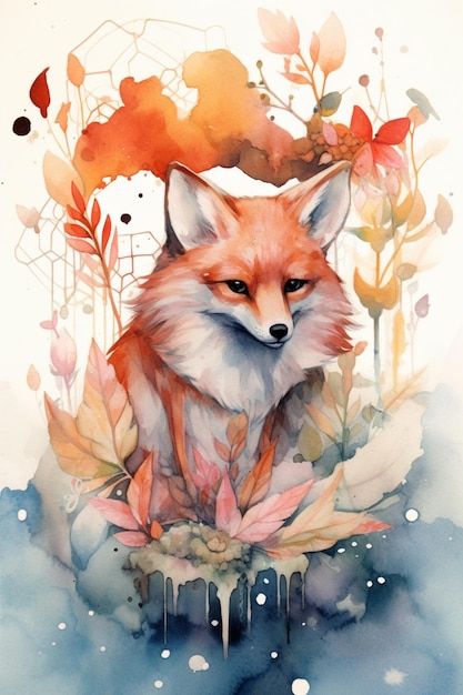 painting of a fox sitting in a field of flowers with a sky background generative ai