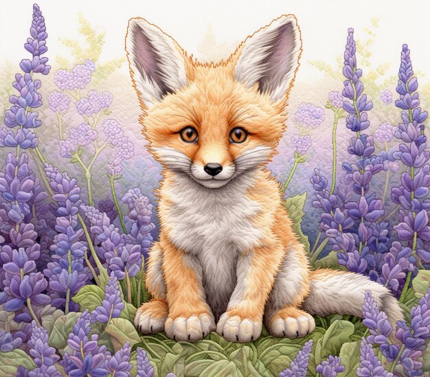 painting of a fox sitting in a field of purple flowers generative ai