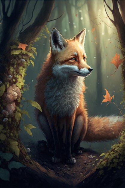 painting of a fox sitting in a forest with leaves and flowers generative ai