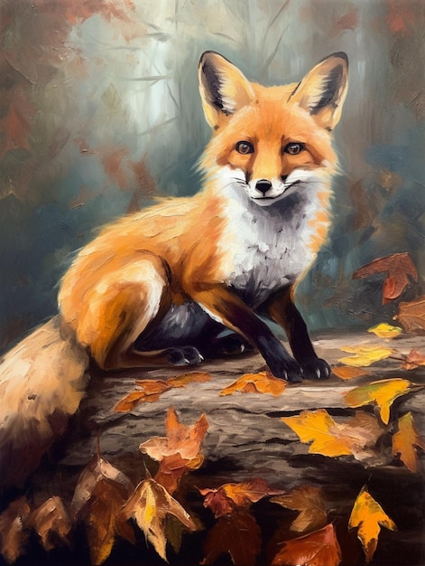 Painting of a fox sitting on a log in the woods generative ai