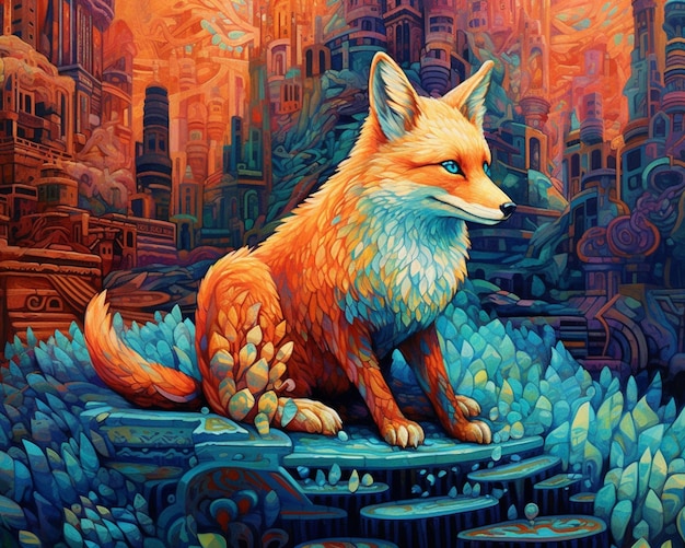 Painting of a fox sitting on a rock in front of a city generative ai