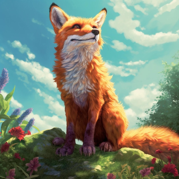 A painting of a fox sitting on a rock with the sky in the background.