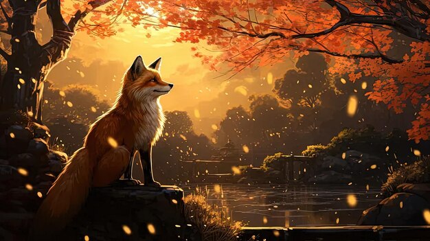 A painting of a fox sitting on a rock