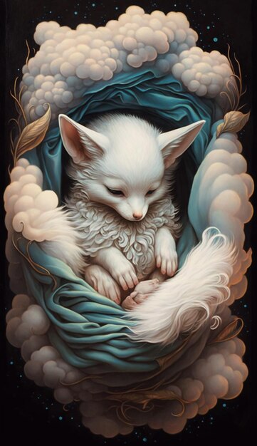 파란색 담요 속에서 잠든 여우의 그림.