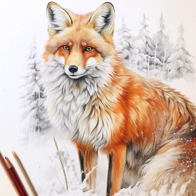 Painting of a fox in the snow with a pencil and a brush generative ai