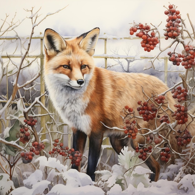 painting of a fox in a snowy field with berries and a fence generative ai