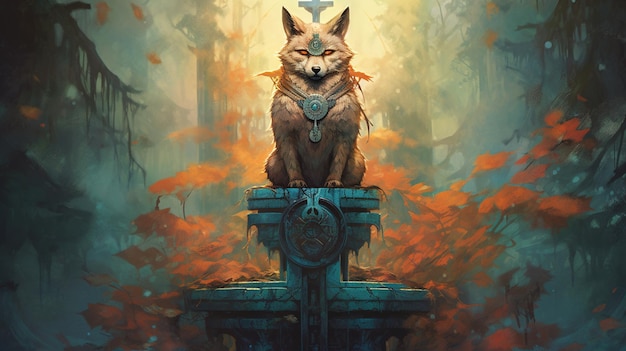 A painting of a fox standing on a totem