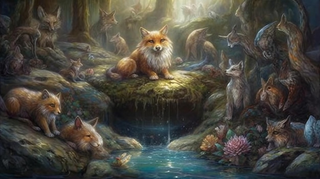 A painting of a fox surrounded by other foxes