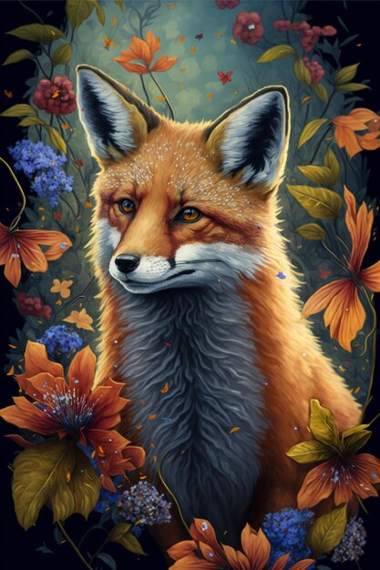 A painting of a fox with autumn leaves on it