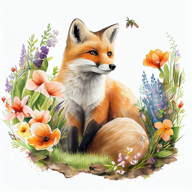 A painting of a fox with a bee on it