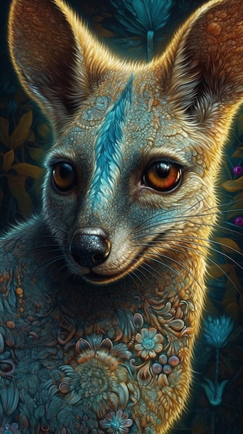 A painting of a fox with blue eyes and a blue tail.