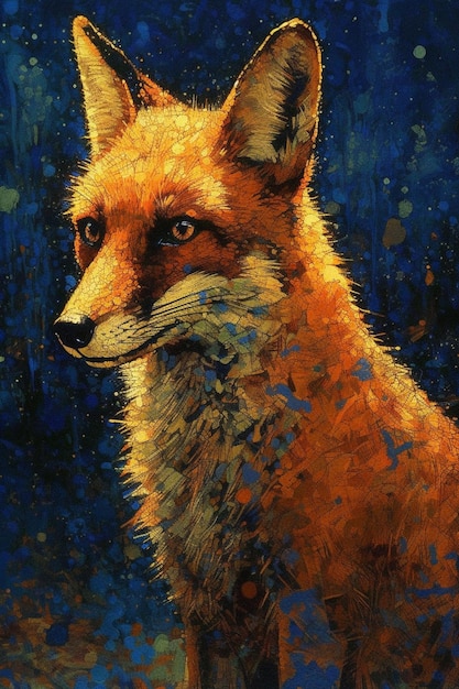 A painting of a fox with blue eyes and brown eyes.
