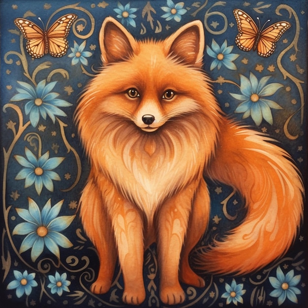 painting of a fox with a butterfly on its nose and a blue background generative ai