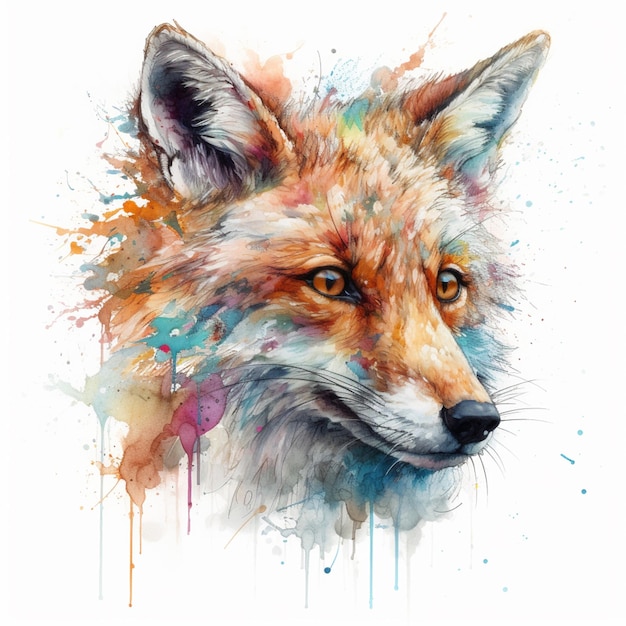 A painting of a fox with a colorful face.