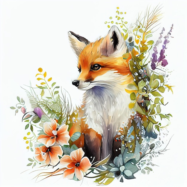 A painting of a fox with flowers and leaves